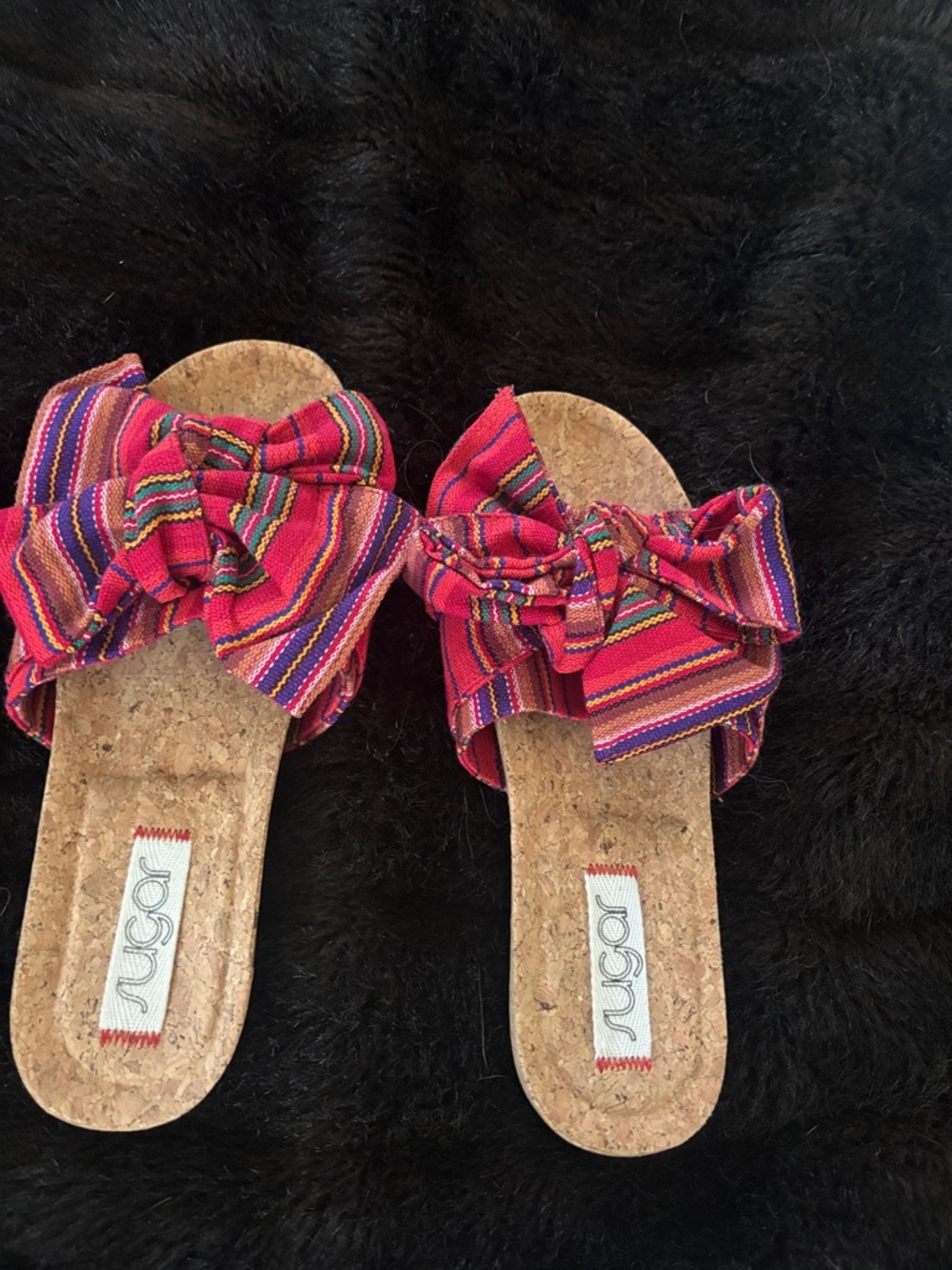 Suger Women's Xenonc Twist-Tie Slide Sandals Red Multi Stripe Size 9